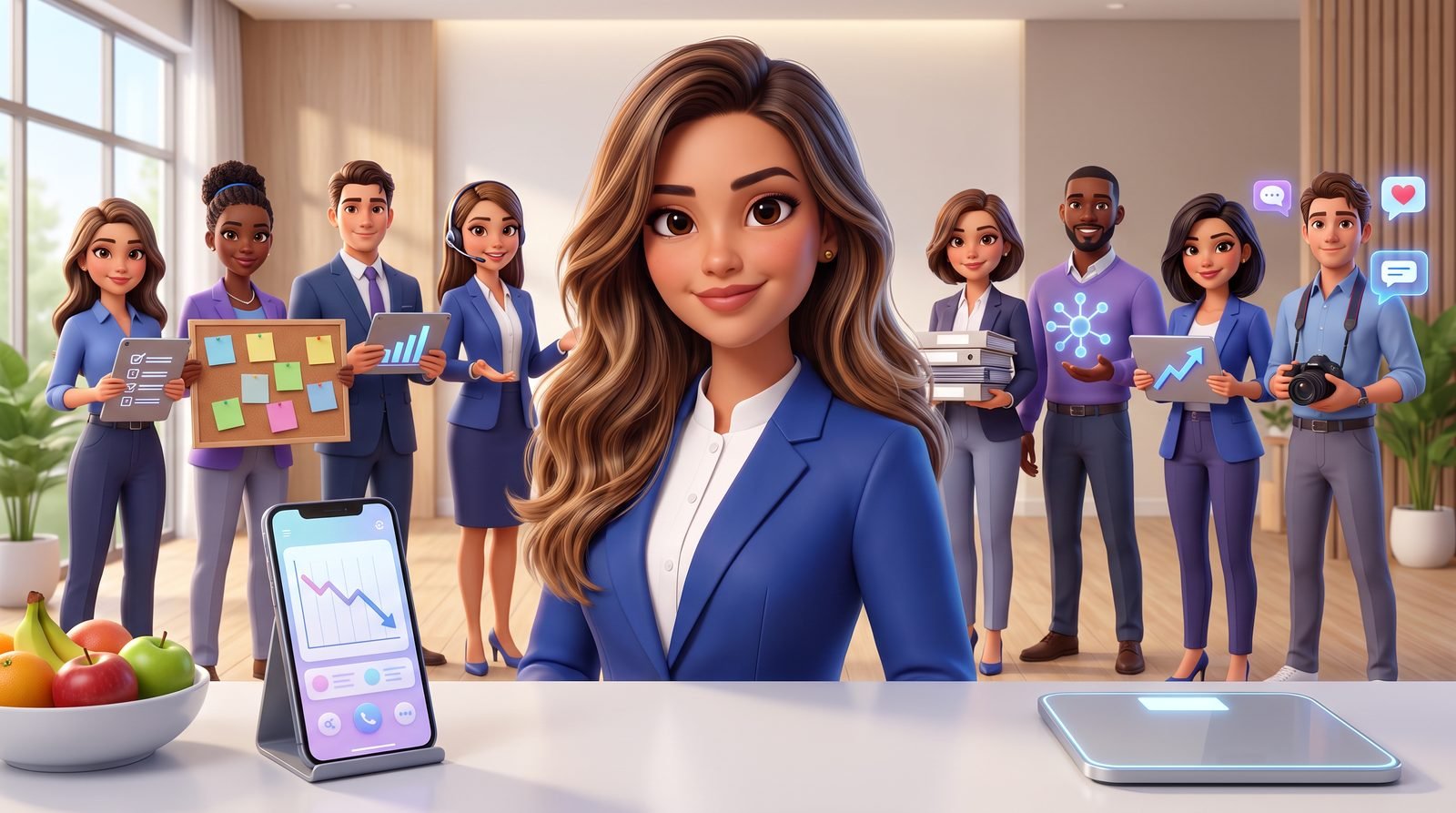 A Gaia com o time da clínica, o celular com o app de acompanhamento e a balança sobre a mesa